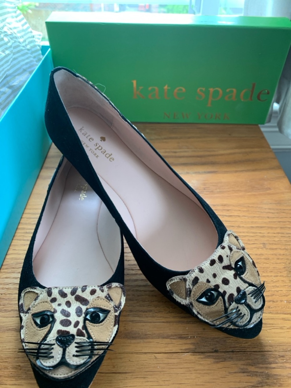 kate spade Black Flats with Leopard Appliqué